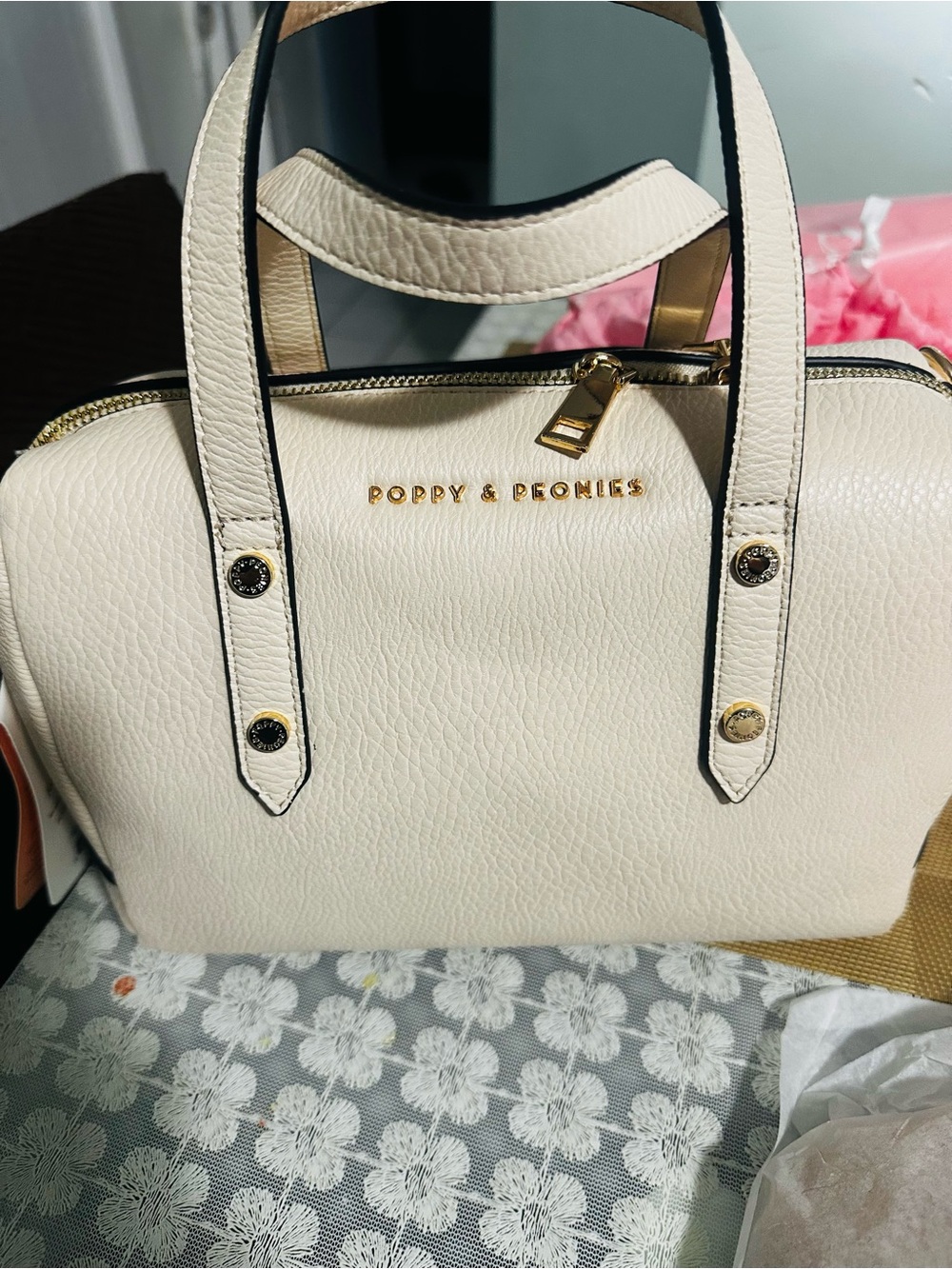 Poppy & Peonies Cream Pebbled Leather Satchel with Gold Hardware